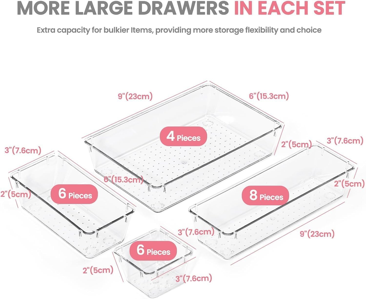 HOUSE DAY Makeup Drawer Organizer Trays 24 PCS, 24 Pcs – 4 Sizes, Clear