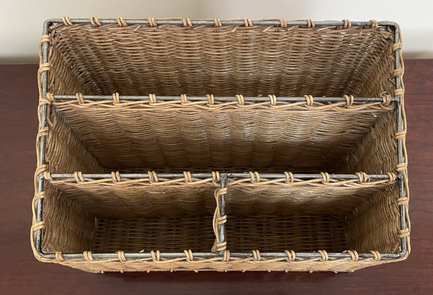 VTG Table Top Desk Mail Organizer Wicker Woven Wood, Metal Reinforced