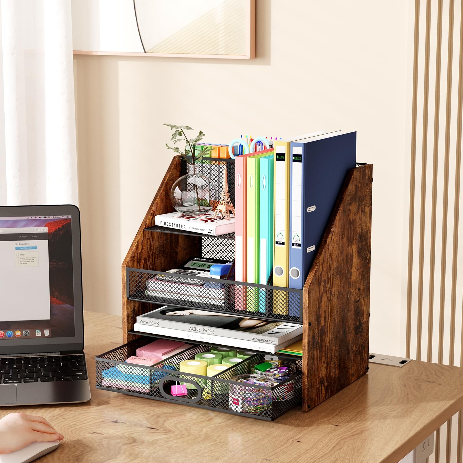 Homsorout Wooden Desk Organizer – Mesh File with Black and Brown