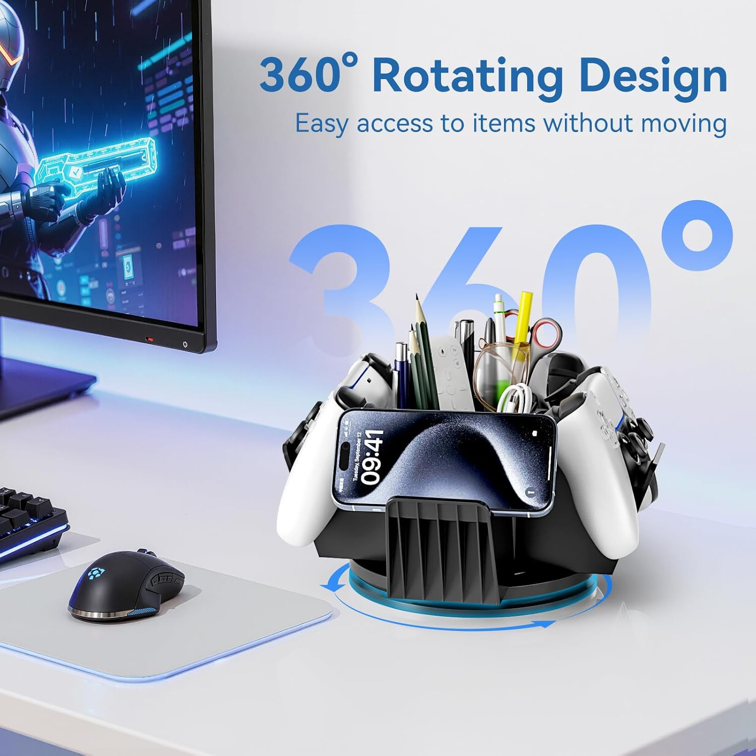 Controller Organizer for Desktop – 360°Rotatable Controller Holder with Storage