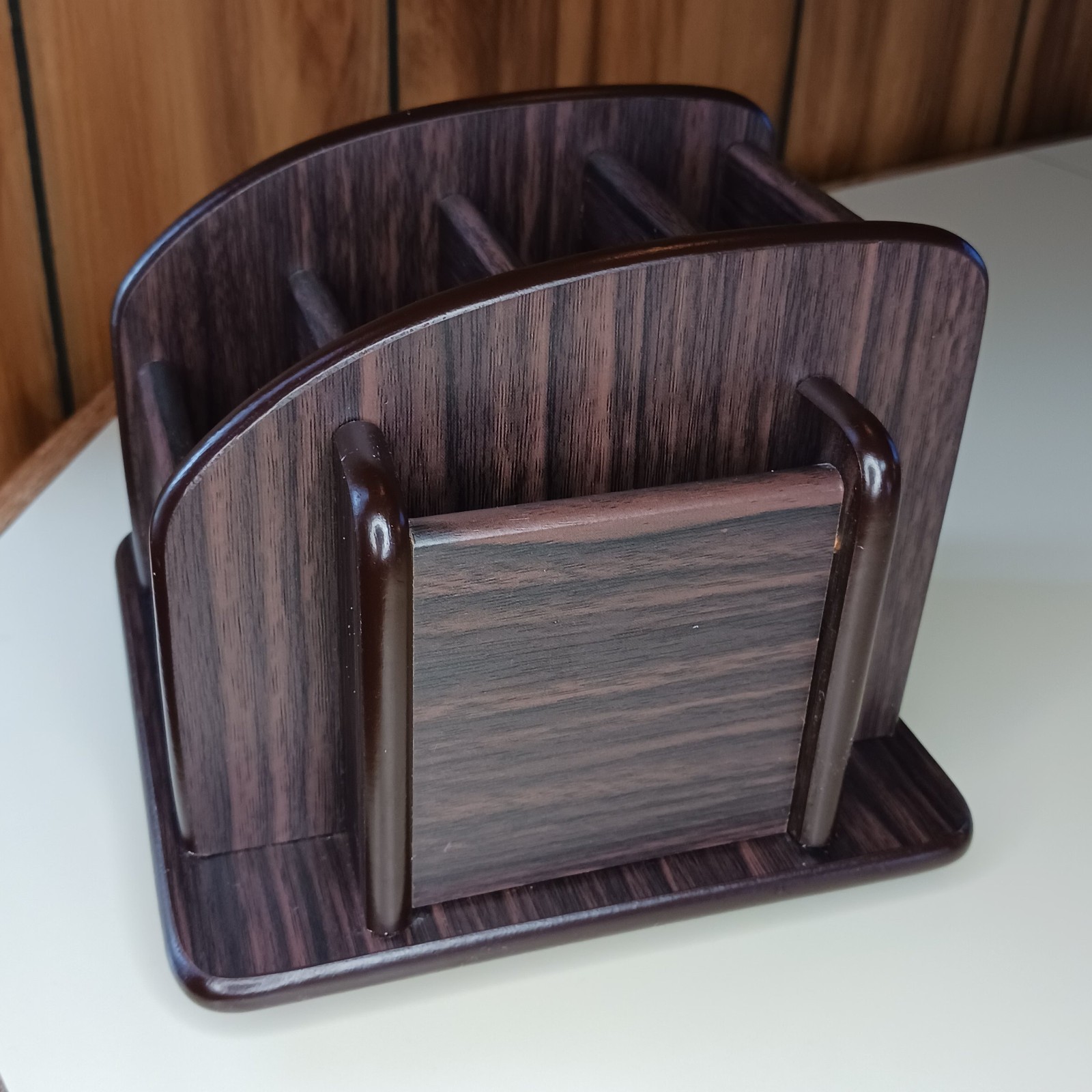 Rotating Desk Organizer Wood Finish Brown Storage Rack Pencil Pen Holder