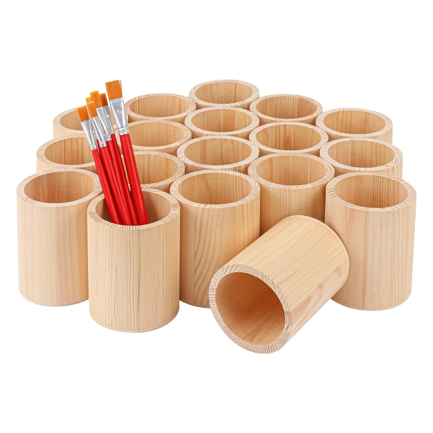 18 Pack Round Unfinished Wooden Pencil Holder, 3 x 3 x 4 Inch Wood Pencil Cup…