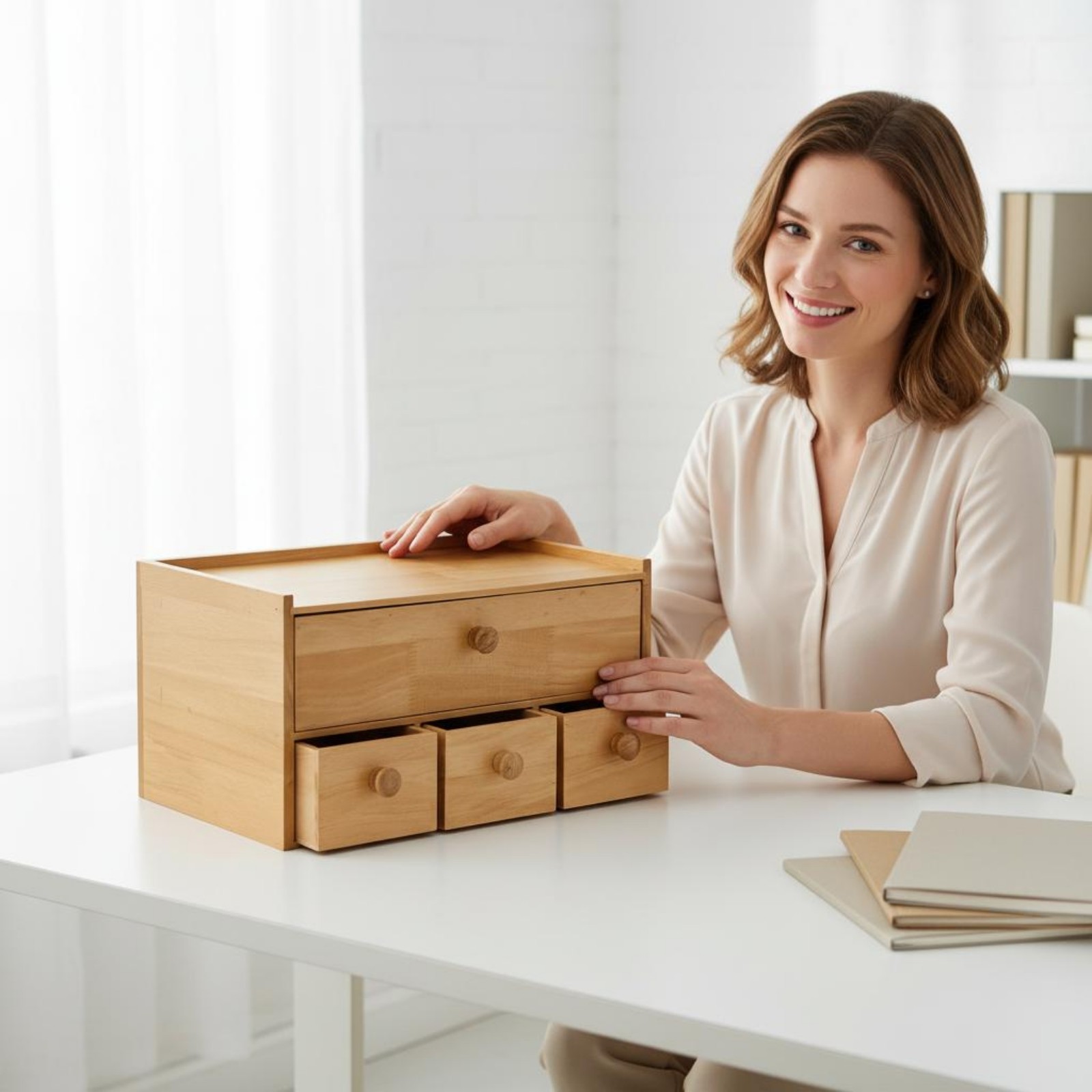 Wooden Desktop Storage Box Sturdy 4 Drawer Storage Box No Assembly Required