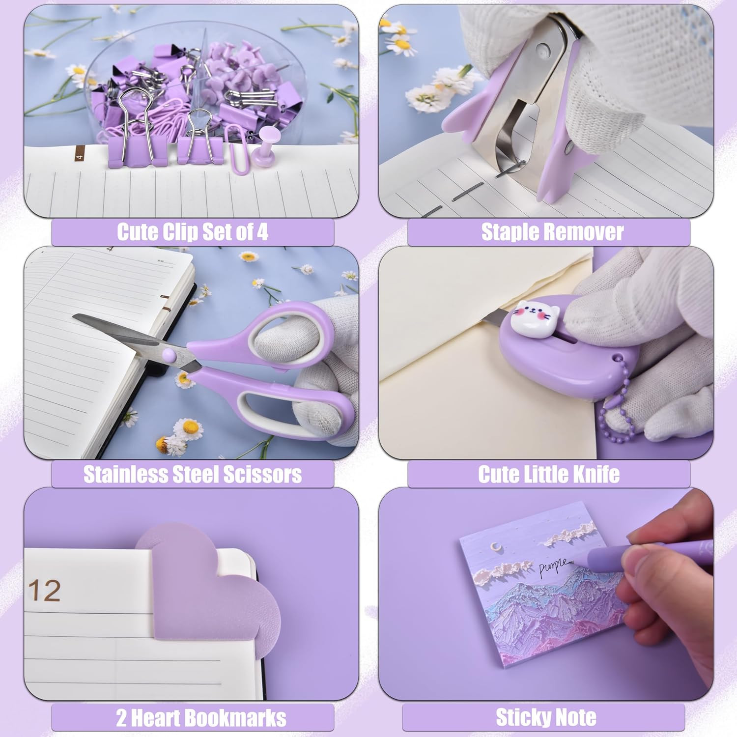 Purple Desk Accessories, 26Pcs Office Supplies and Desk Organizers, with Tape Di