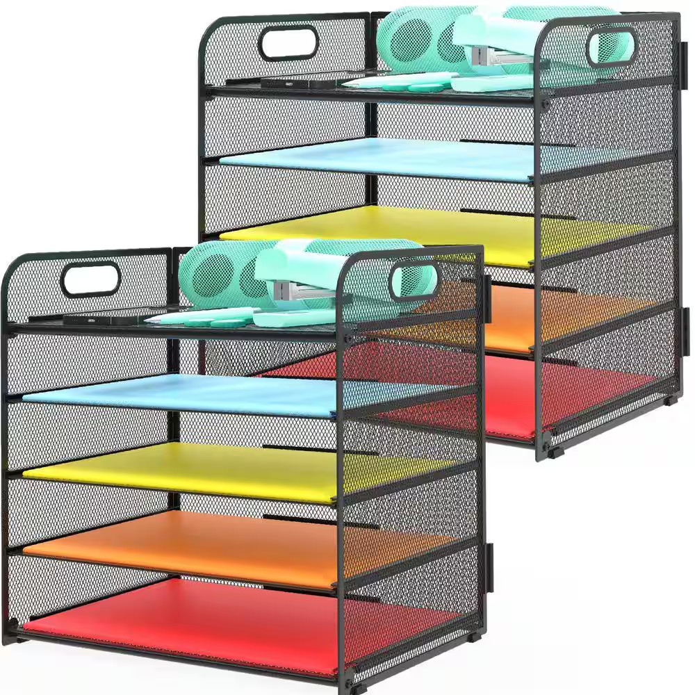 12.5 in X 13.5 in 2 Pack Black Metal Letter Tray 5-Tier Desk Organizer File Pape
