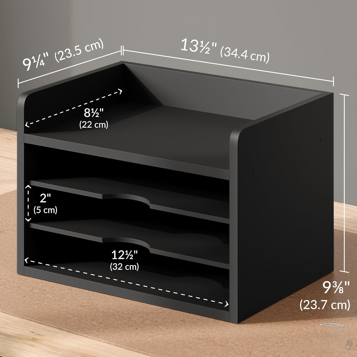 4-Tier Modern Black Desk Organizer – Open Top Paper Tray for Stylish Offices