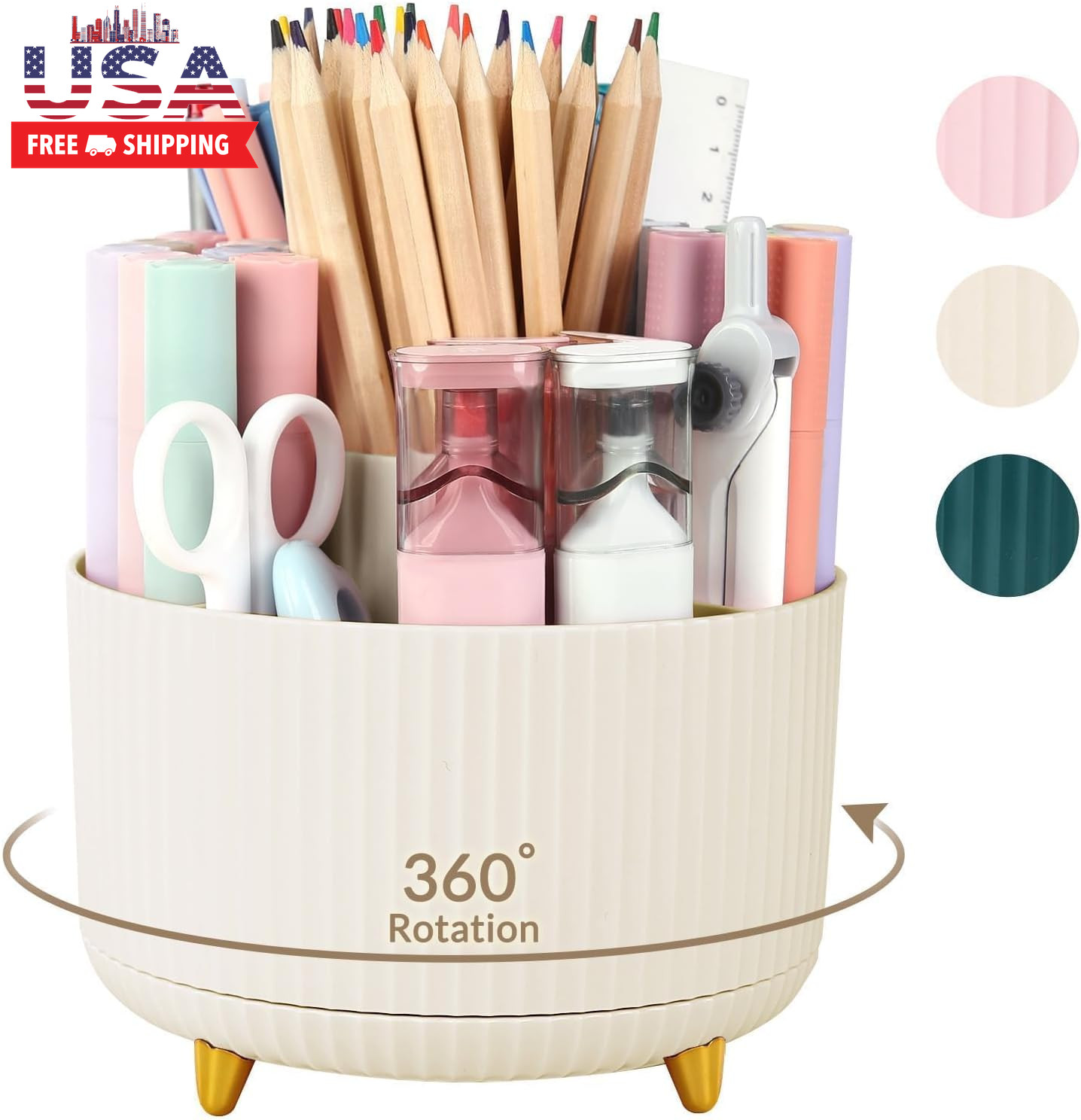 360 Rotating Plastic Desk Pen Organizer with 5 Slots, Dual-Purpose Art Supply Pe