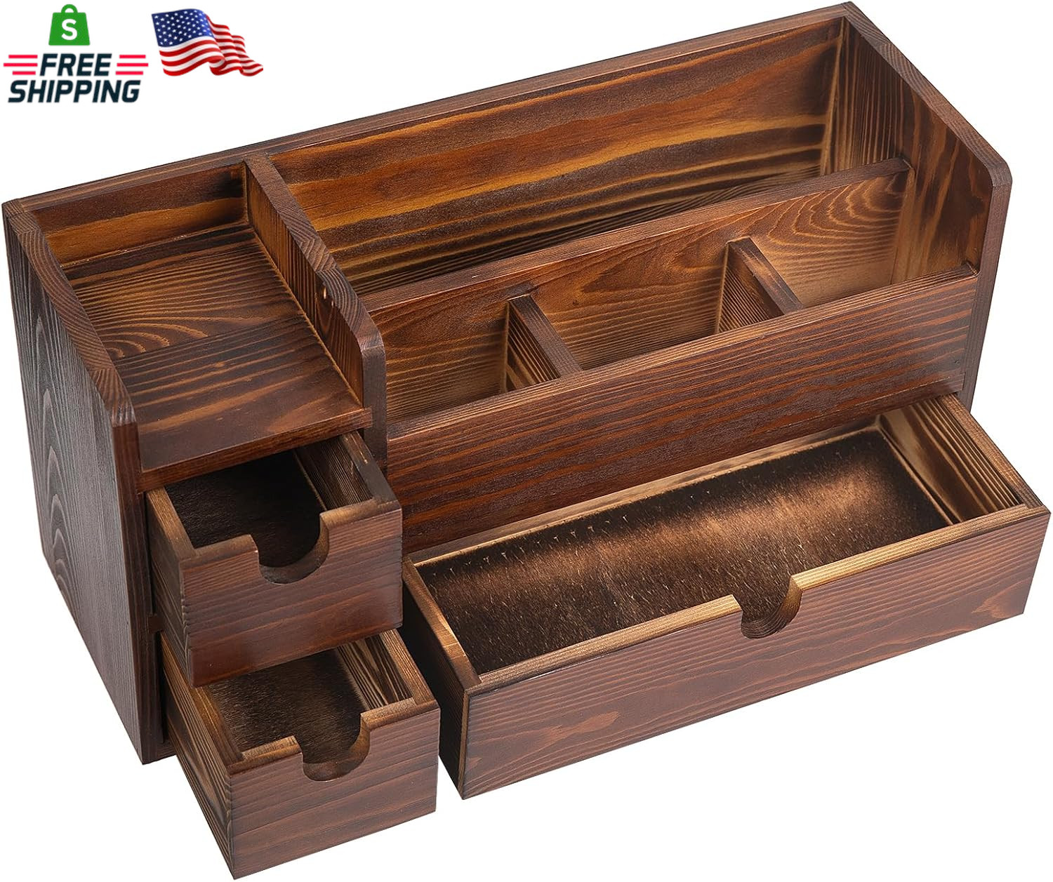Rustic Brown Wooden Desktop Organizer Drawers Removable Office Supplies Torched