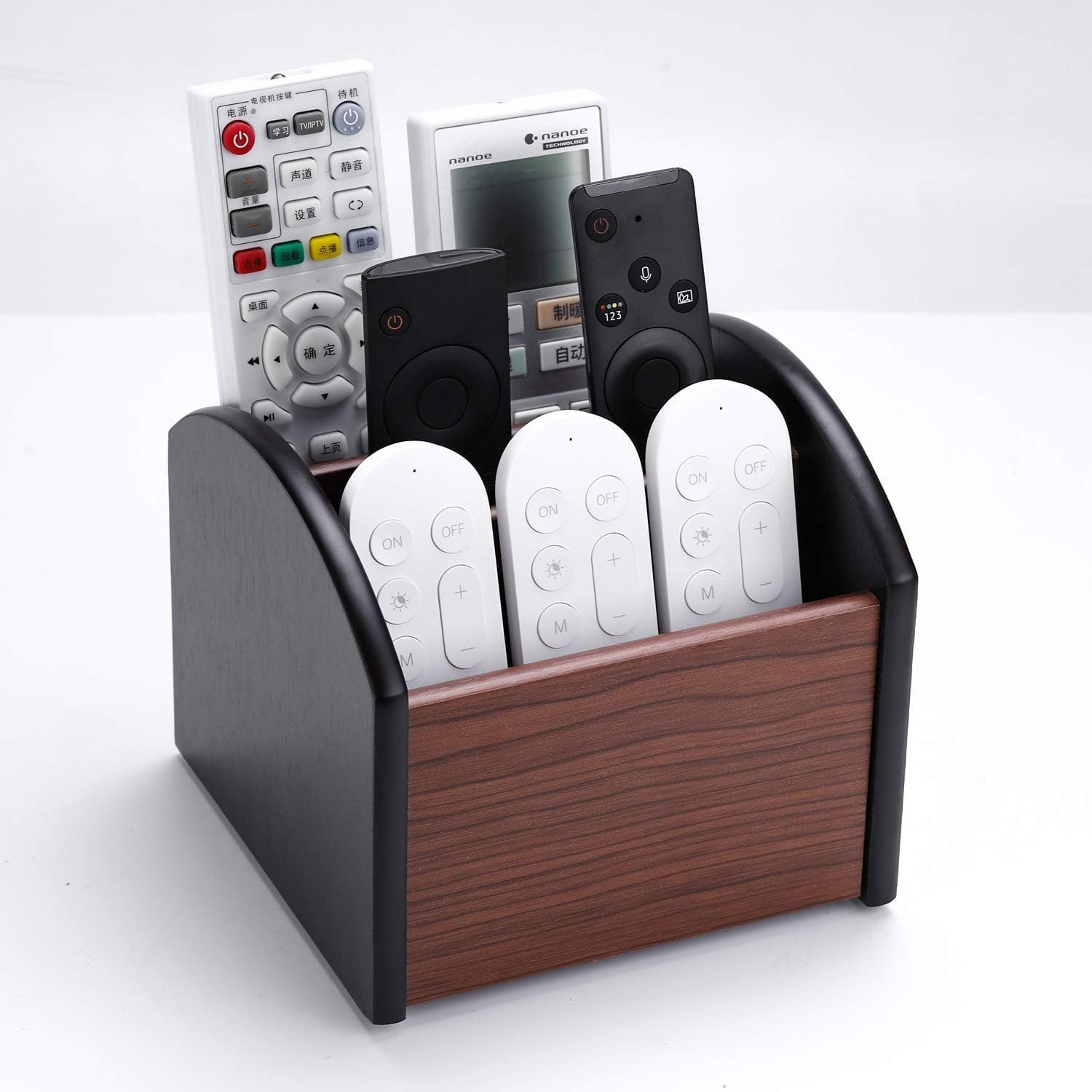 Remote Control Holder Caddy Wooden Desk Organizer with 4 Compartments