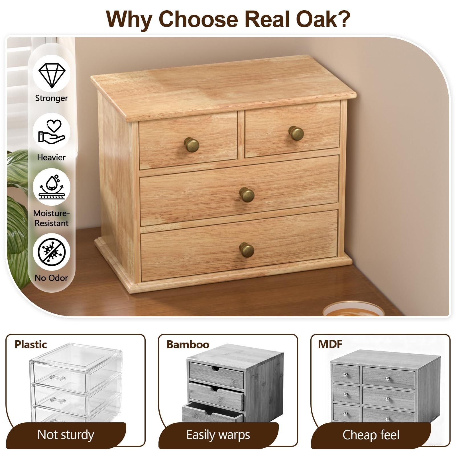 Oak Desk Organizer with Drawers, Wooden Desktop Storage Box with Metal Handle…