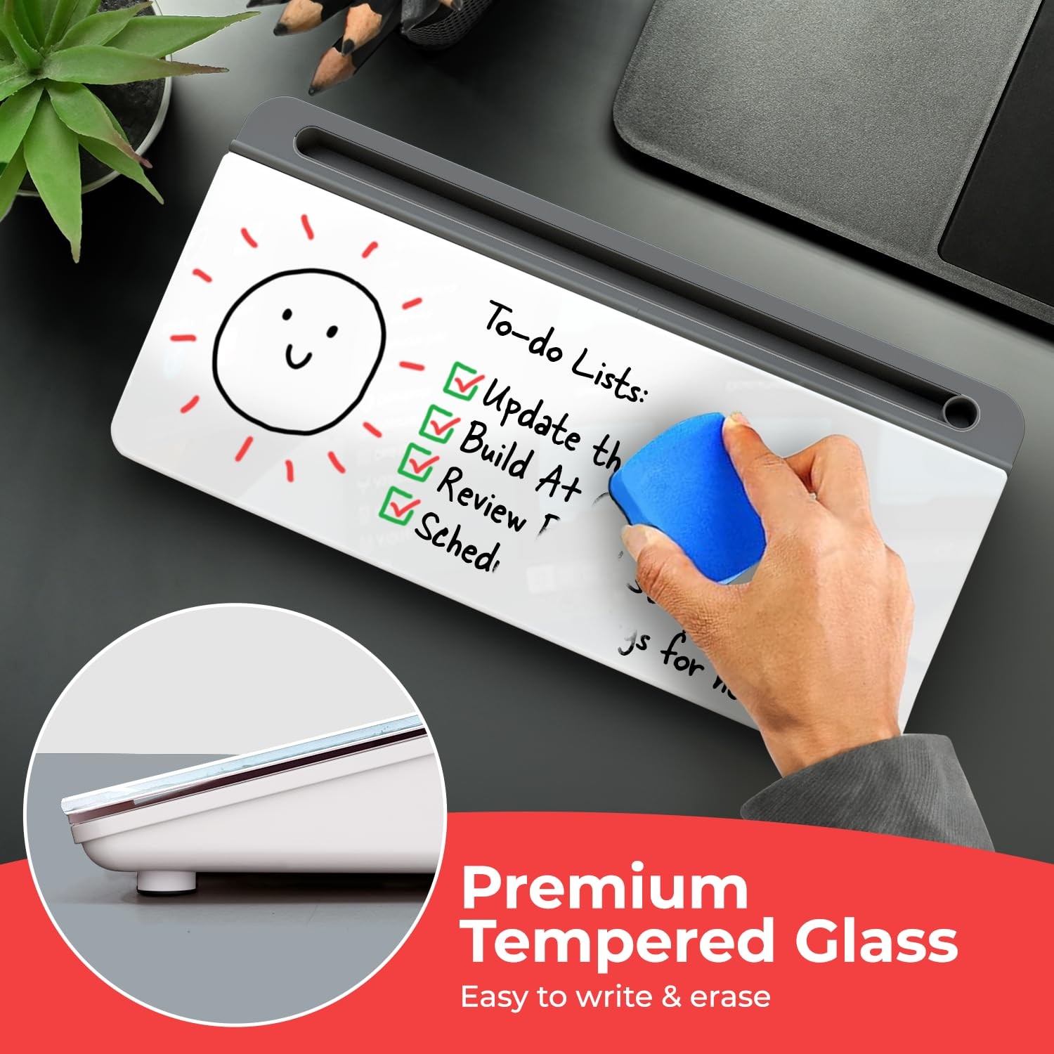 Chalkola Glass Desktop Whiteboard with Storage – Dry 16″ x 7″ x 2″, White