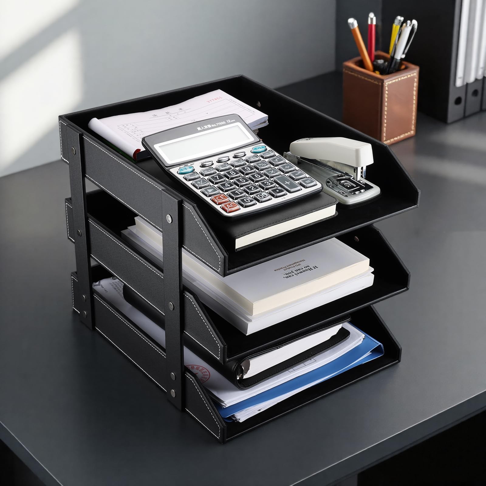 KINGFOM Letter Tray, Leather Paper Organizer Tray, Wooden Desk File Holder, D…