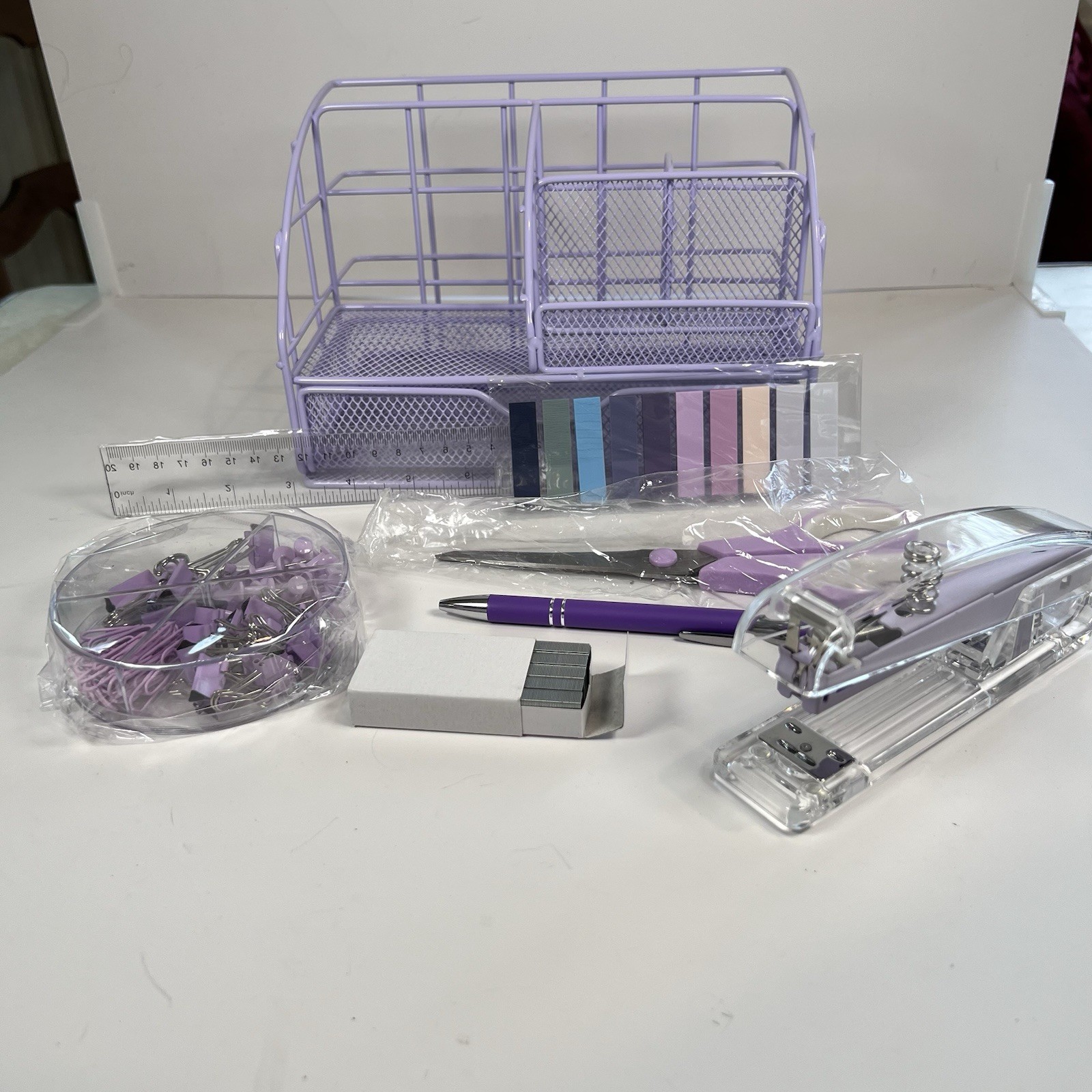 Purple Desk Accessories: mesh Caddy, Pen Holder, Stapler, Staples, Pen, Etc.