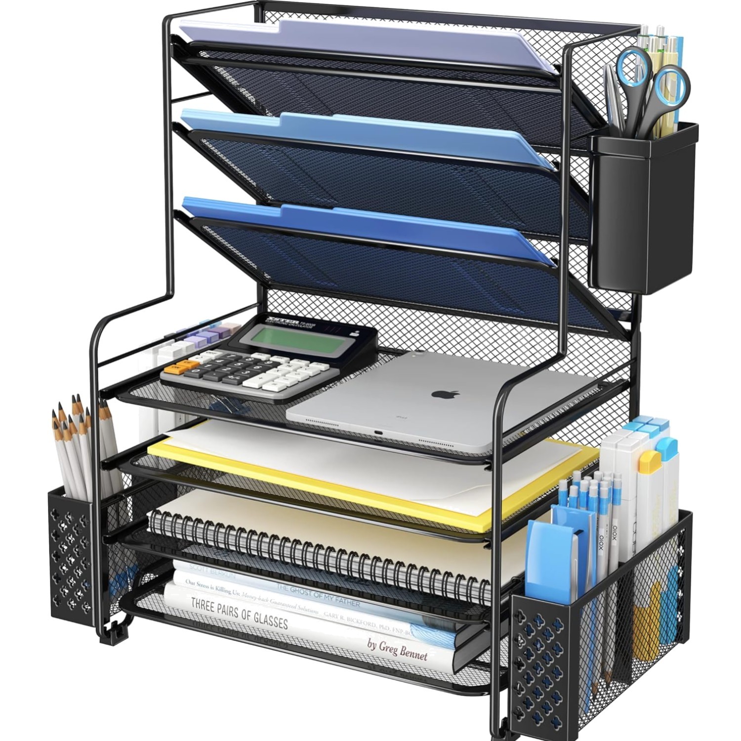 Large Capacity 7-Tier Letter Tray and Pen Holder for Efficient Desk Organization