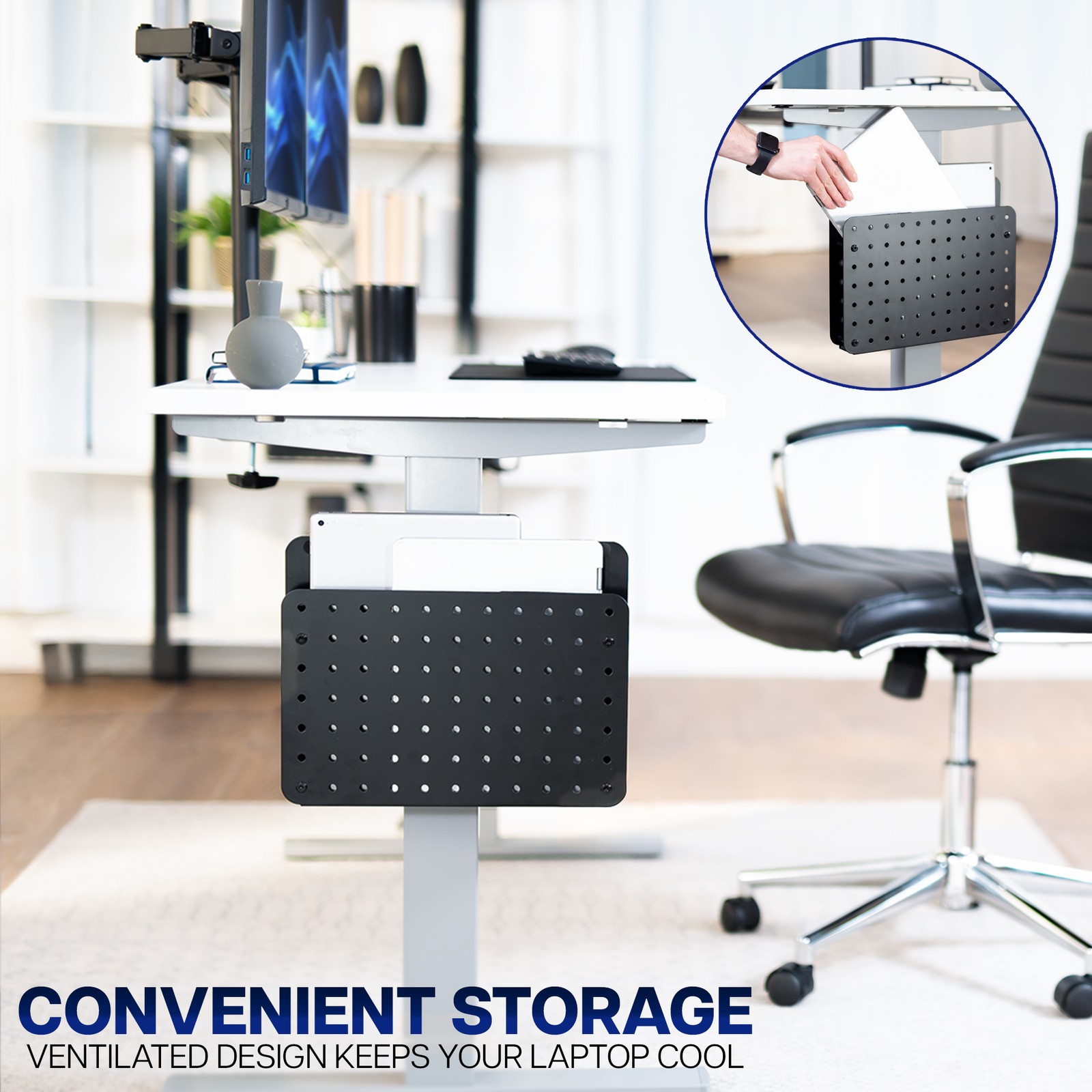 VIVO Steel Clamp-on Desk Leg Laptop Holder with Pegboard, Magnetic Tablet Sleeve