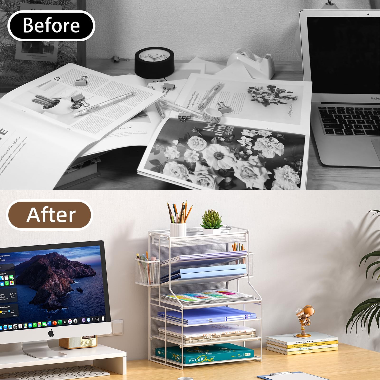 7 Tier Desk File Organizer Adjustable Shelves Pull-Out Drawer Pen Holder White