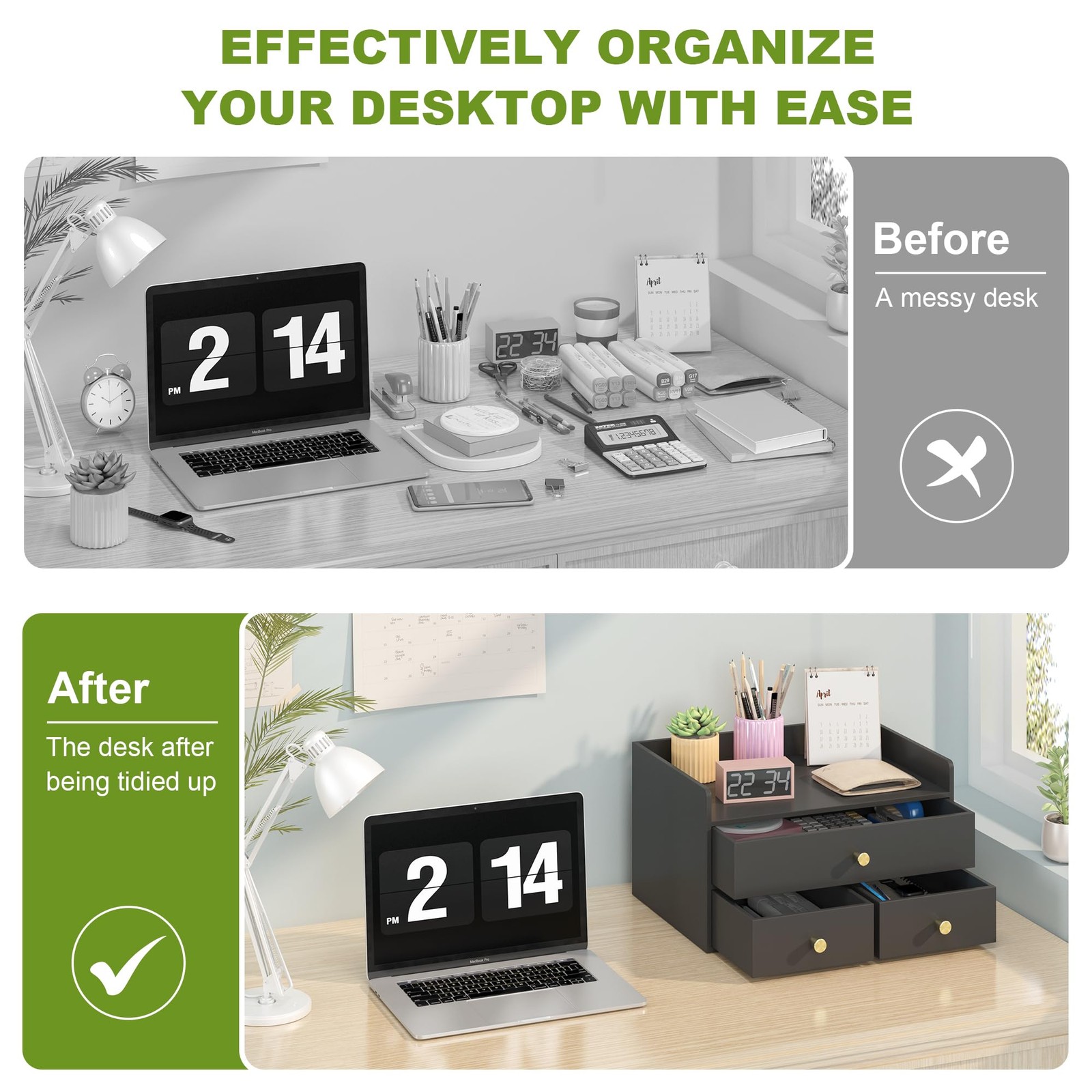 Bamboo Desk Organizer with Drawers Wooden Desktop Storage Black 3