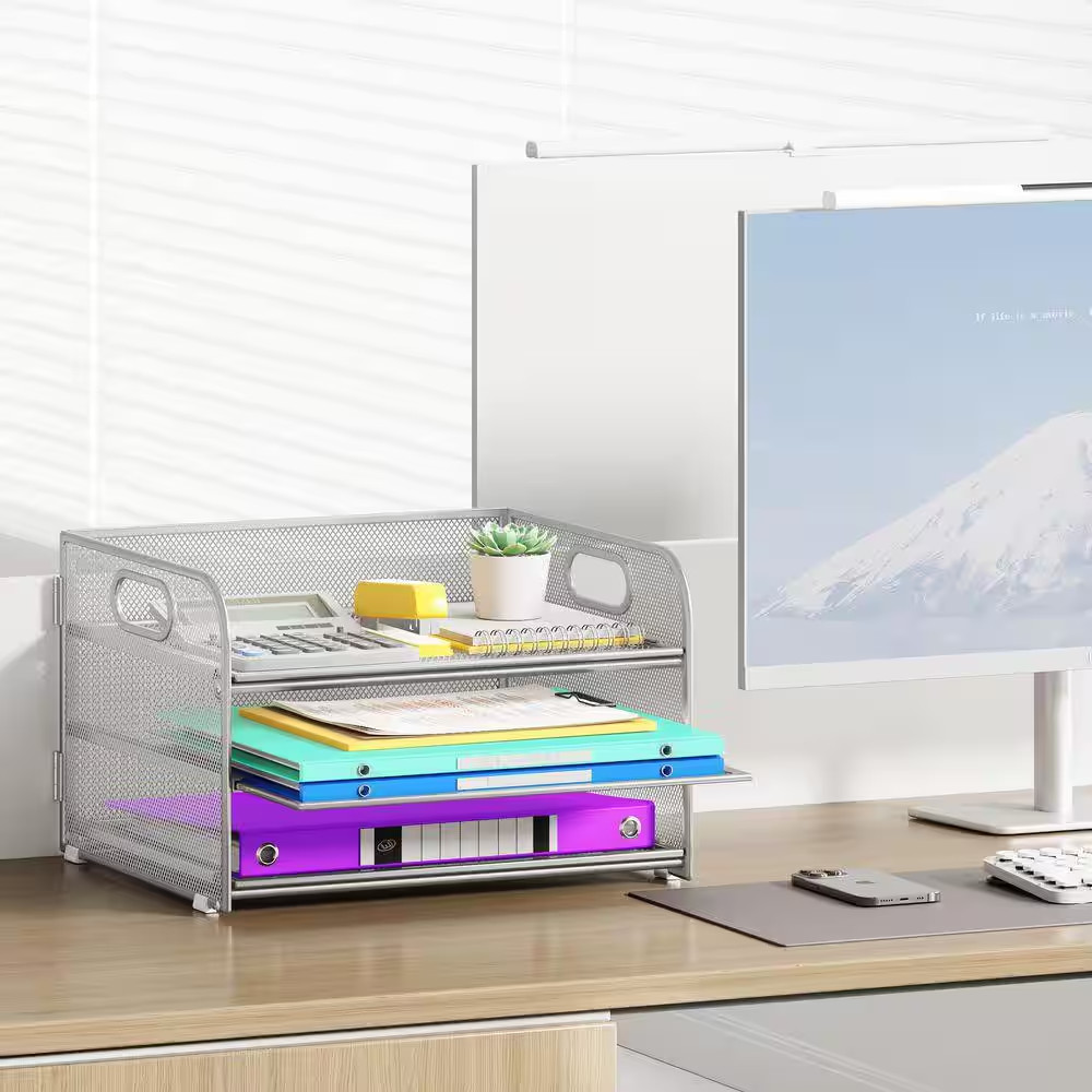 7.5 In. X 12.6 In. 3 Tier Paper Organizer with Handle, Metal Mesh Desk Organizer