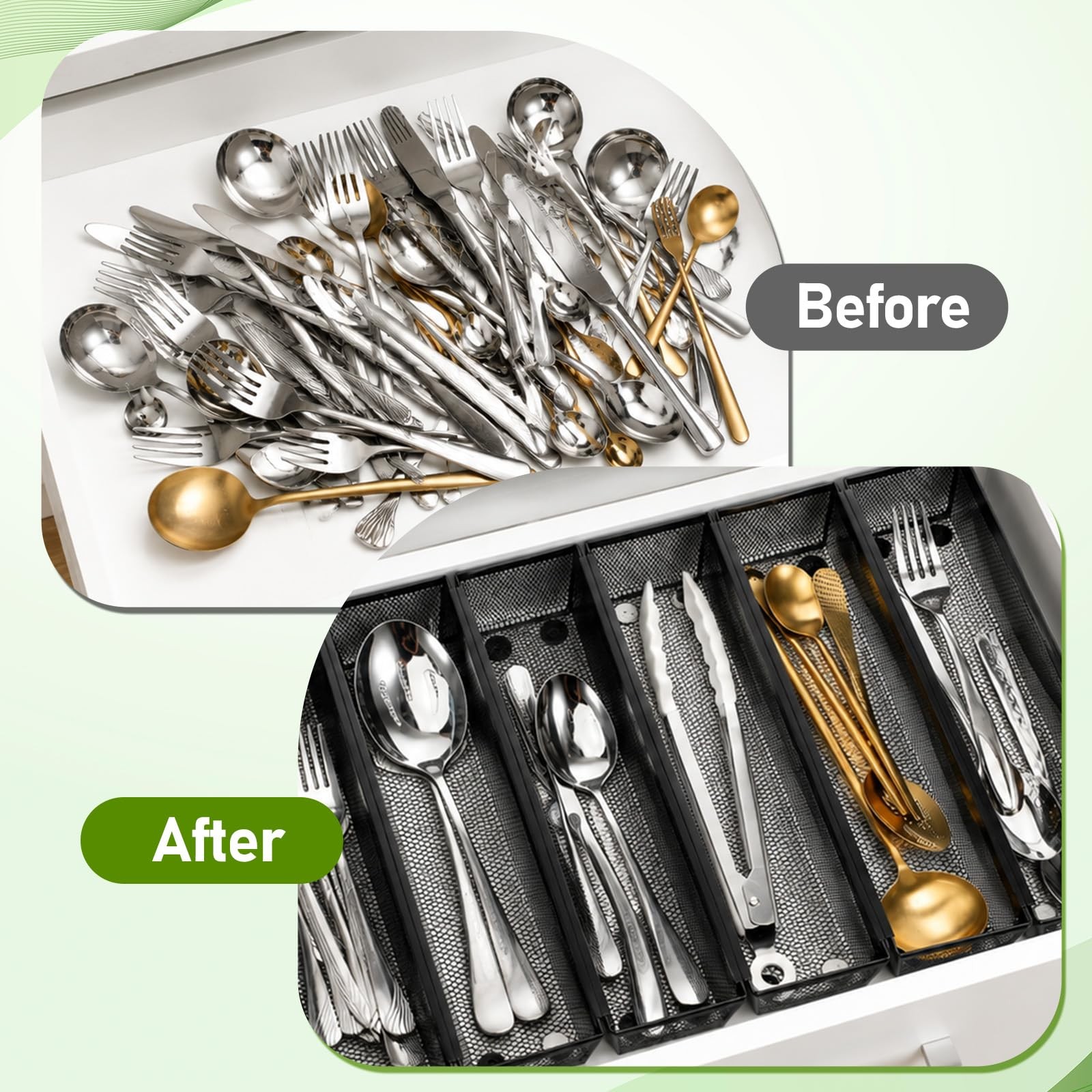 KongTiva 6 Pcs Utensil Drawer Organizer for Kitchen, Mesh Silverware Black