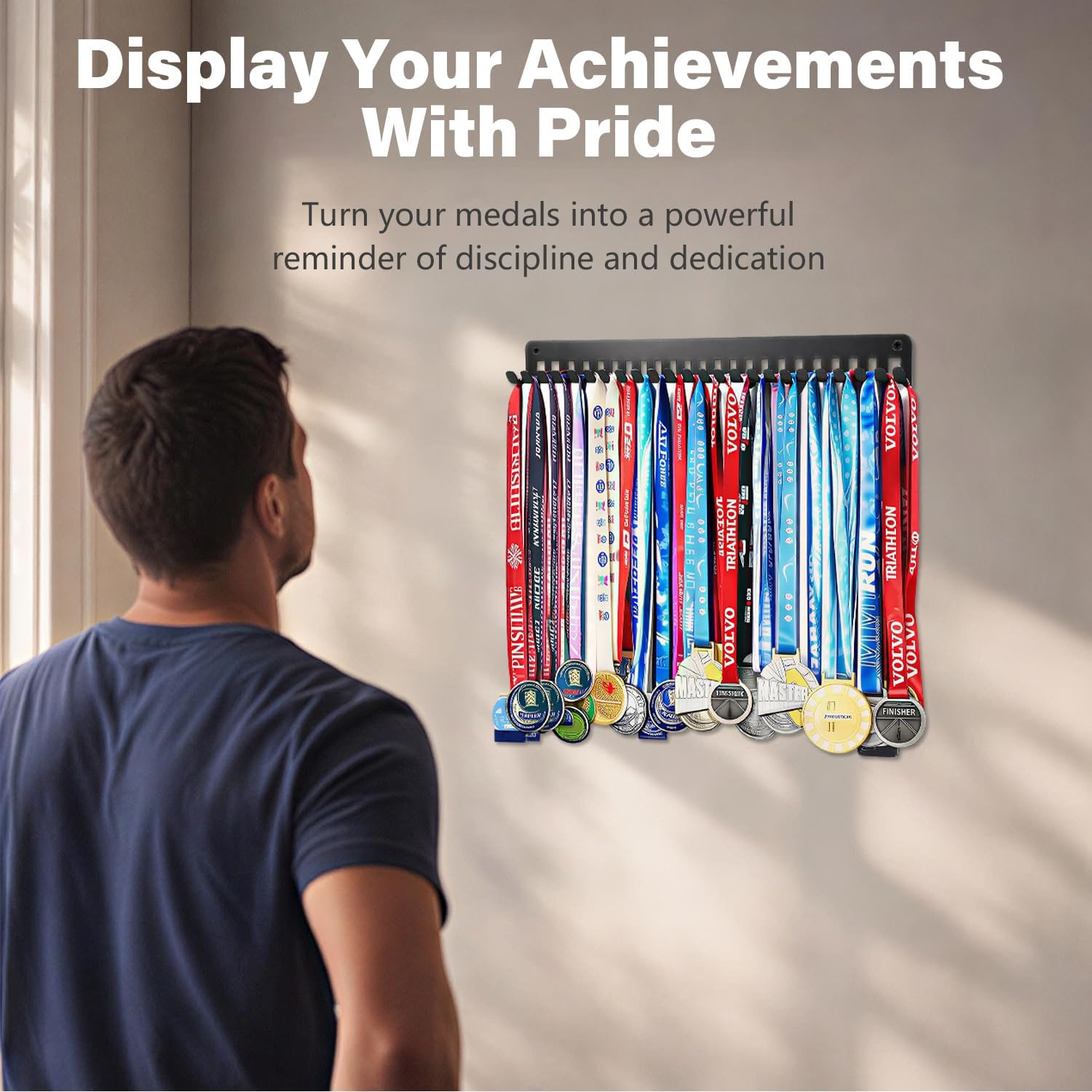 Wall Mounted Medal Holder Organizer Rack, 15.4 Inch Metal Storage Frame with 24