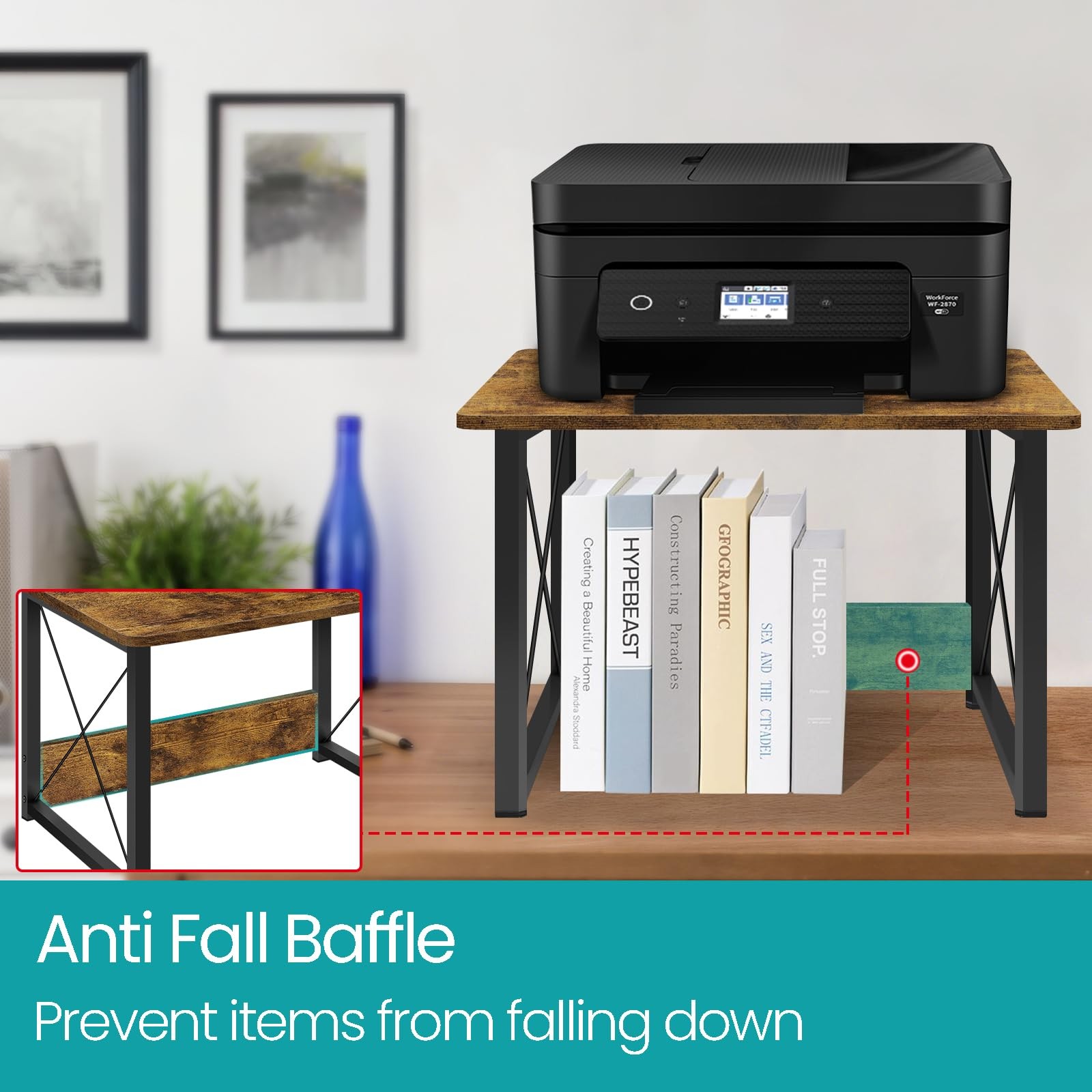 ELITEROO Desktop Printer Stand with Storage, Shelf Rustic Brown
