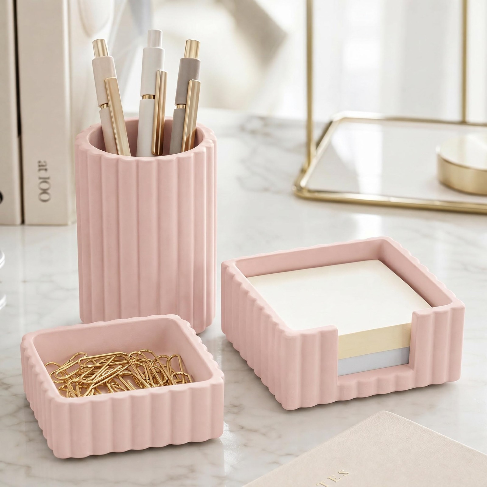 1 Set Modern Aesthetic Pink Concrete Desk Organizers Accessories 3 PCS