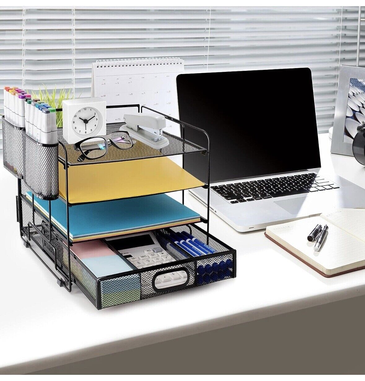 4 Tier Desktop Organizer w Two Pen Holders and Drawer, Office Organization