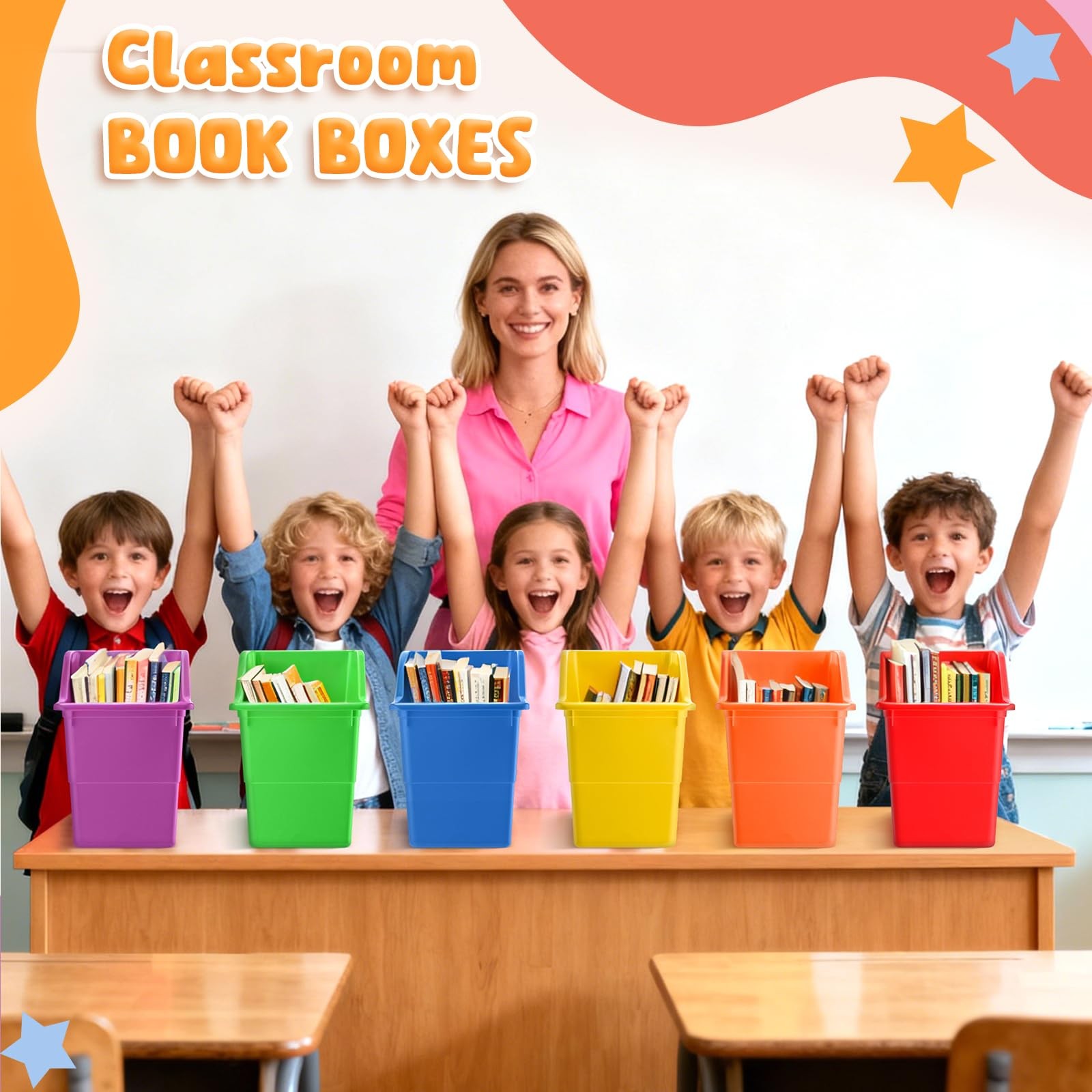 12 Pack Overlapping Classroom Storage Bins (Rainbow Colors) – Durable Book an…