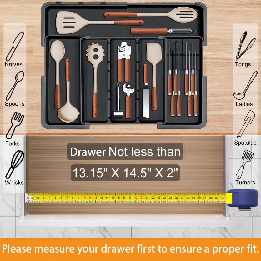 Large Utensil Drawer Organizer for Kitchen, Expandable Silverware Black