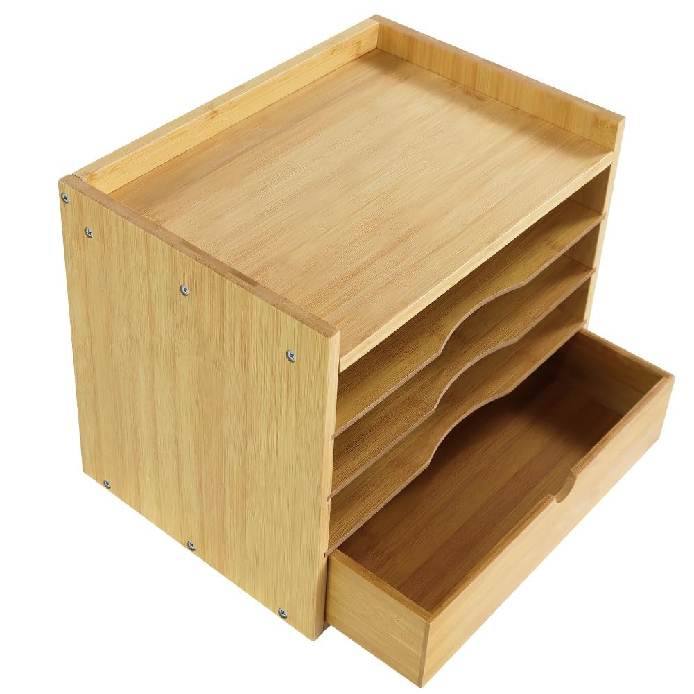 5-Tier Desk Organizer with Drawer Tabletop File Organizer Document Holder wit…