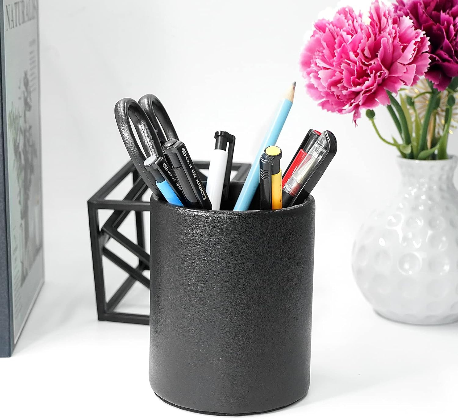 Leather Pencil Holder Pen Cup Desk Organizer Round Black 3.5×4