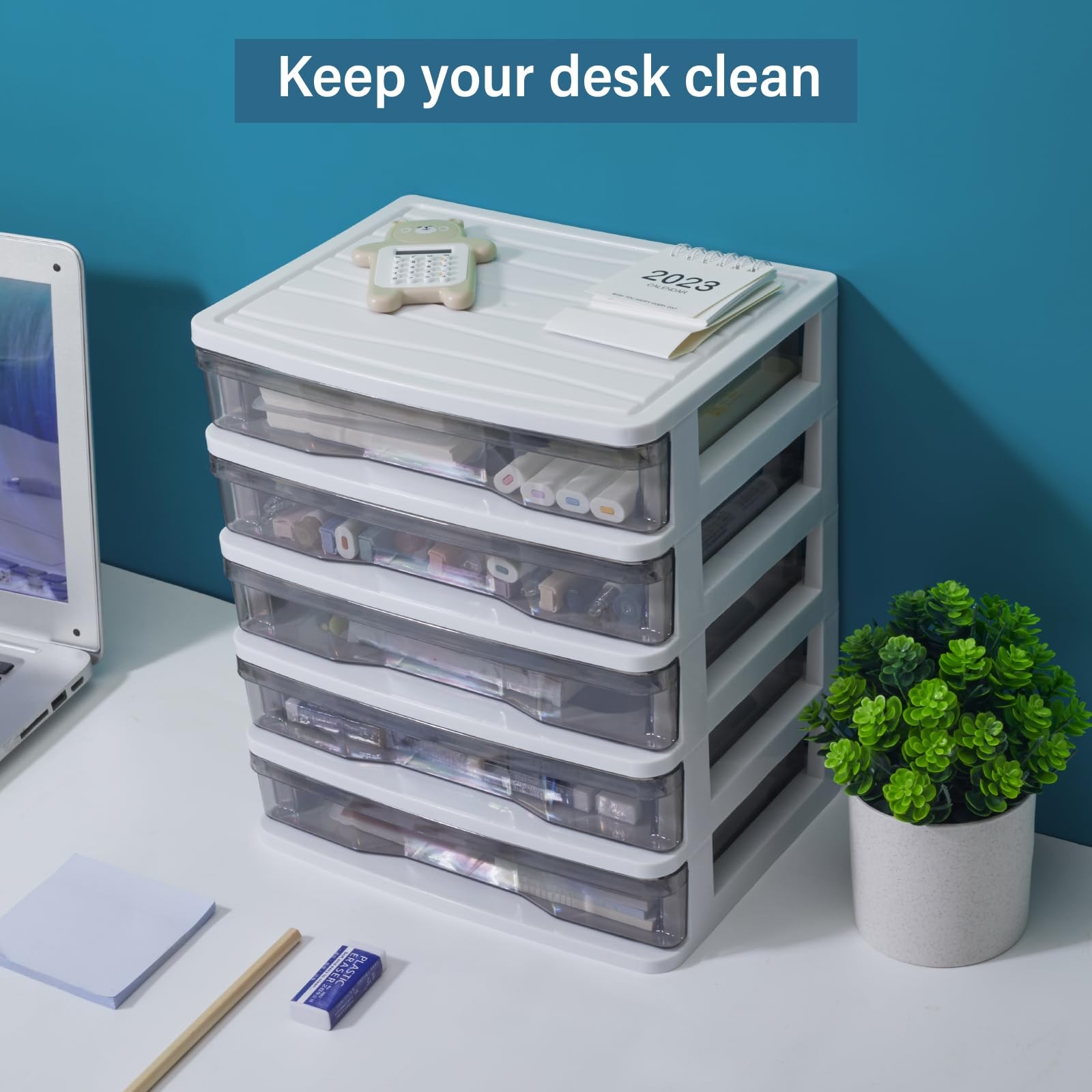 Charmewooden Plastic Drawers 5 Layer Desktop Storage, Small Organizer White
