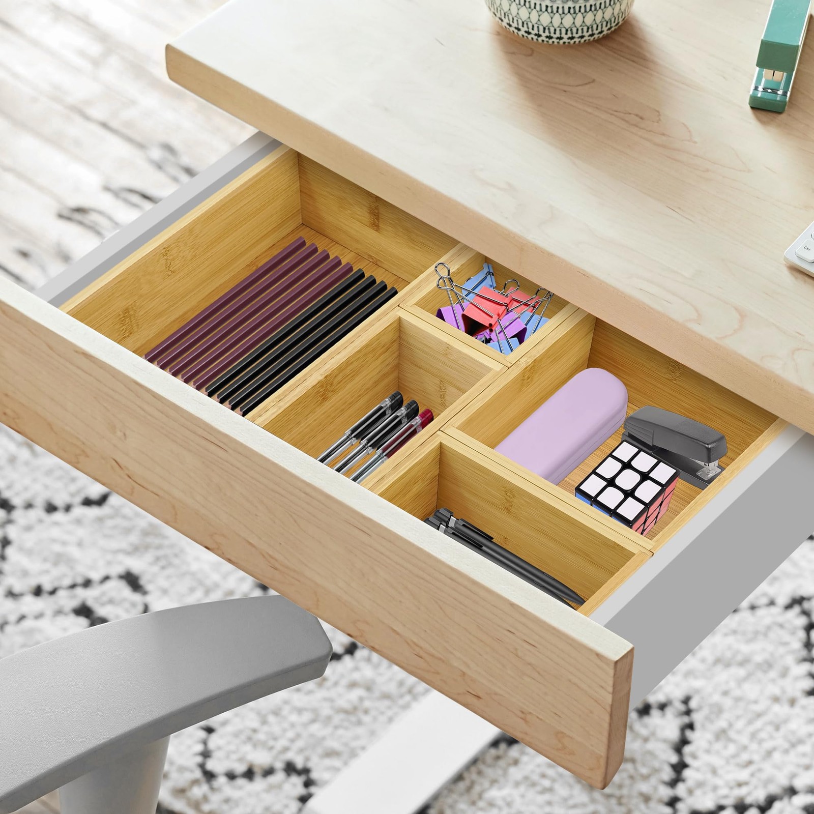 VaeFae 5 PCS Bamboo Drawer Organizers Set, 5-size Organizer Box, Natural