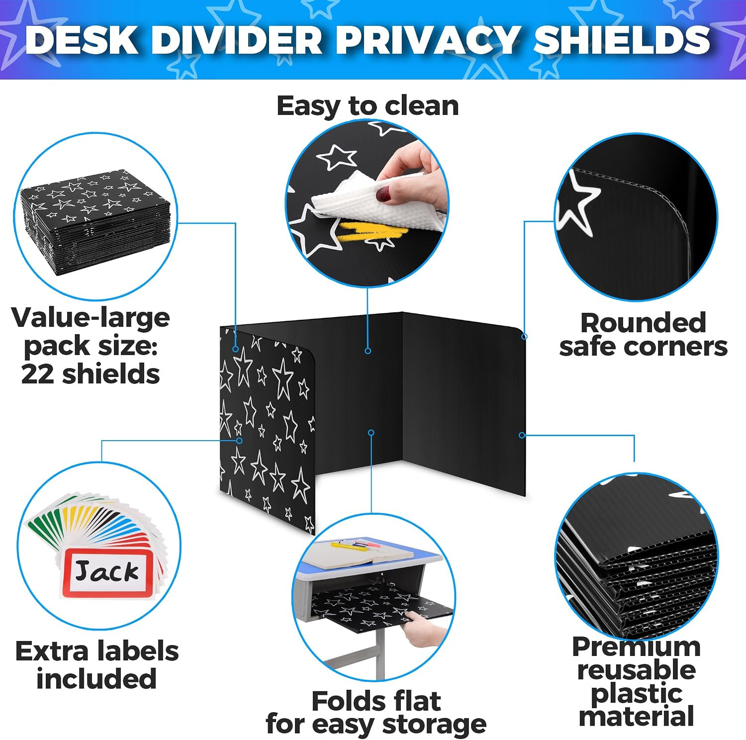 22-Pack Desk Dividers for Students – Star, Durable & Waterproof Plastic Study Ca