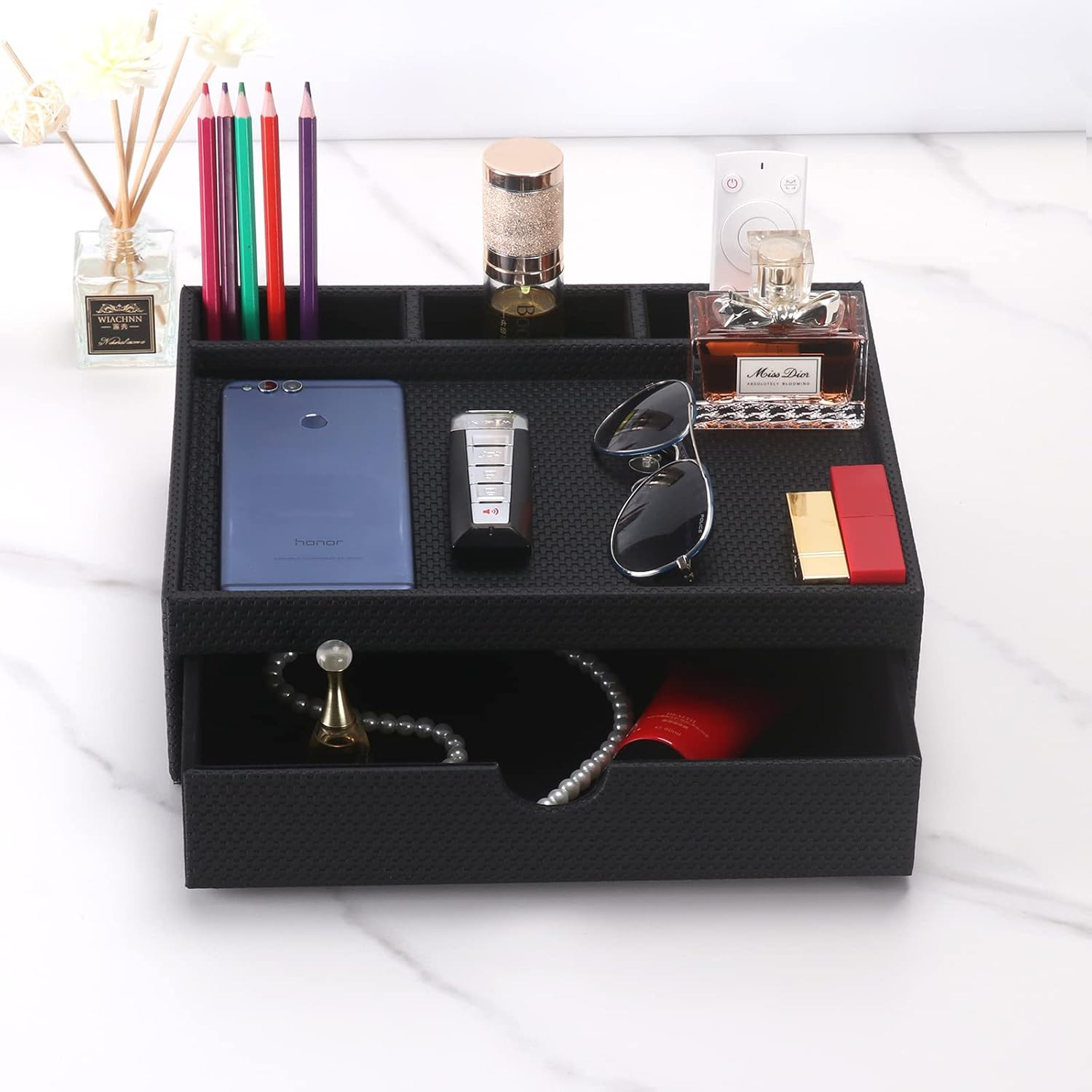 Stylish Black Leather Desk Organizer with Drawers & Dividers for Home & Office