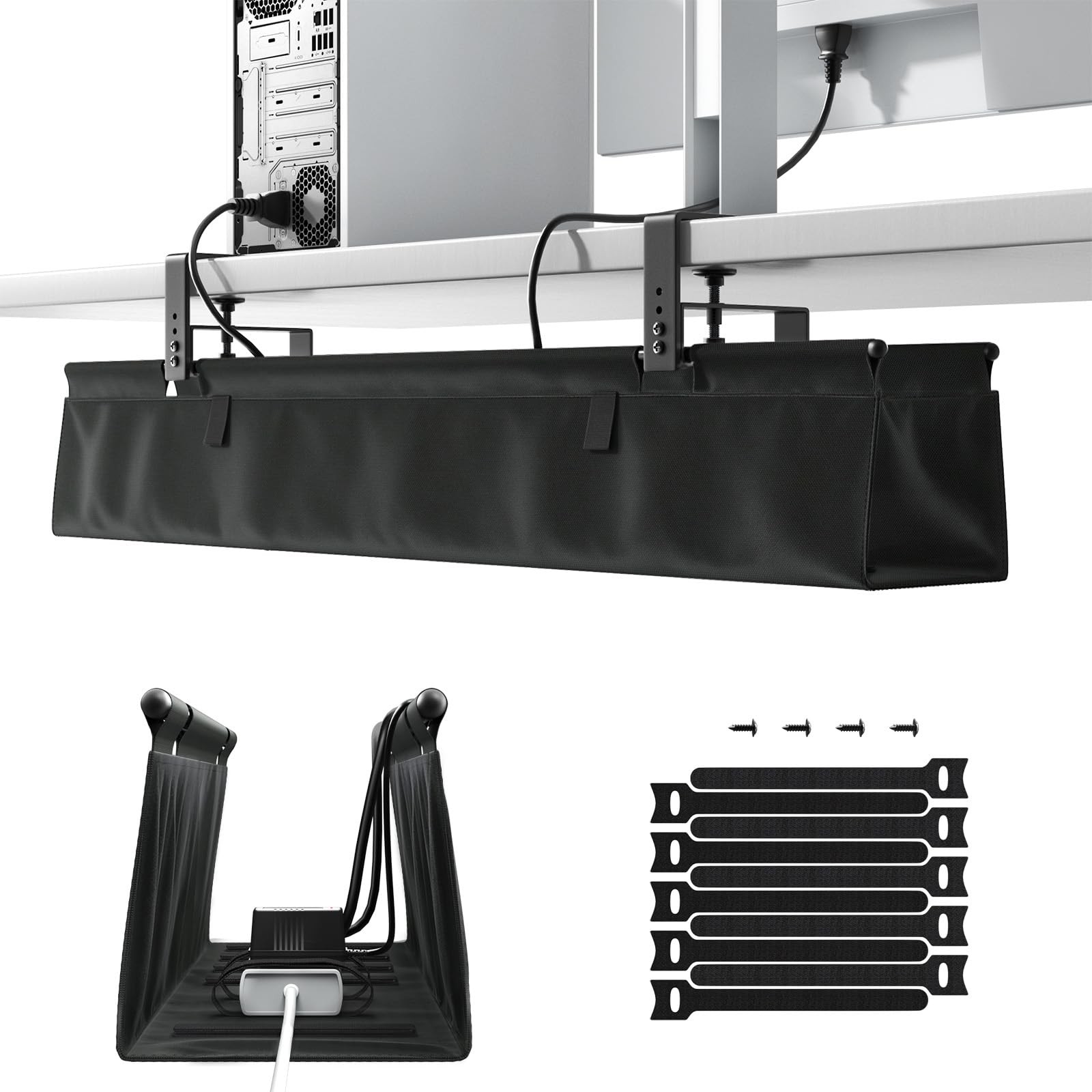 No Drill Under Desk Cable Management Tray – 36″ Clamp/Screw 36″W, Black