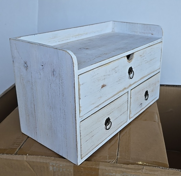 SeekElegant Wooden Desktop Organizer w/ Drawers, White Washed NEW (49B)