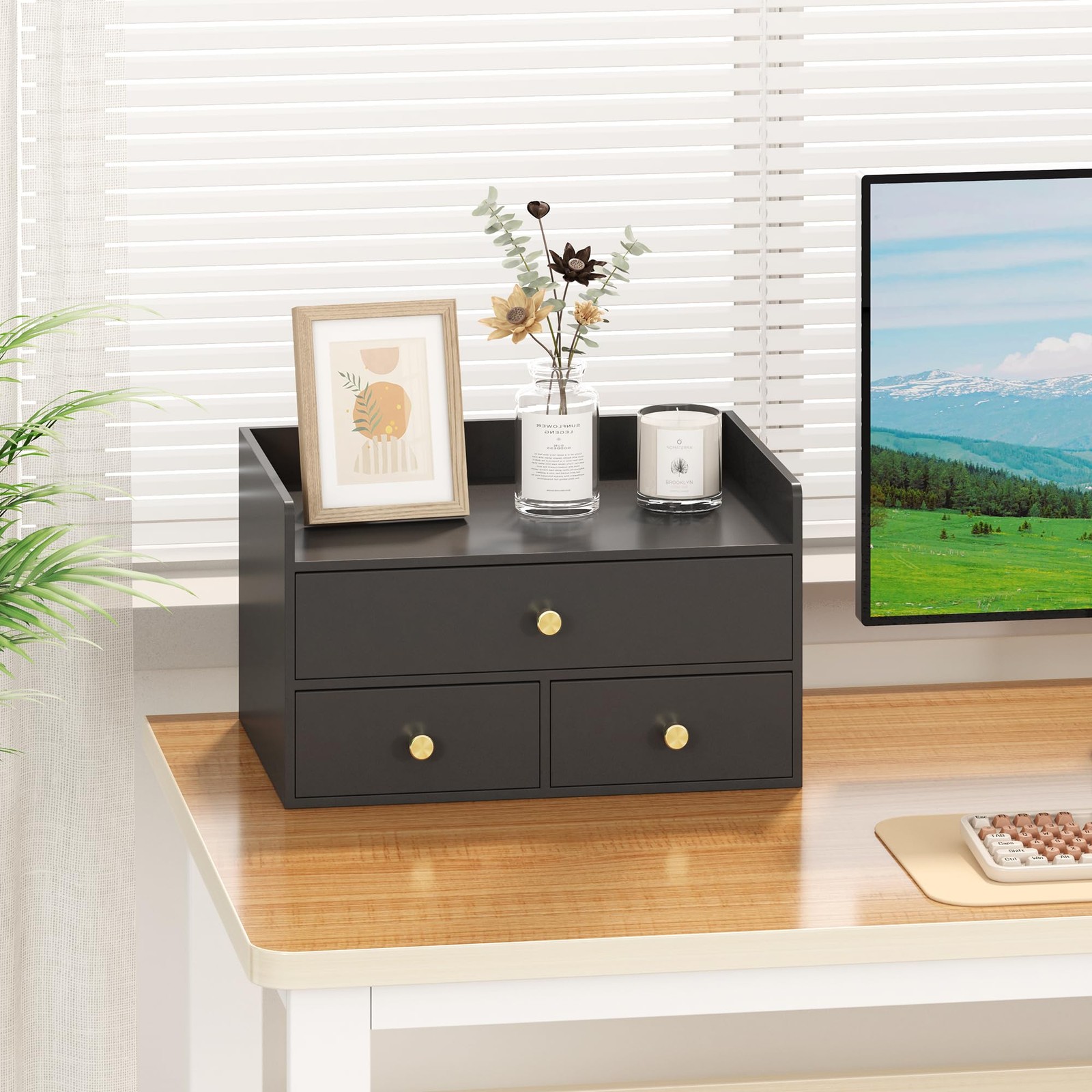 Bamboo Desk Organizer with Drawers Wooden Desktop Storage Black 3