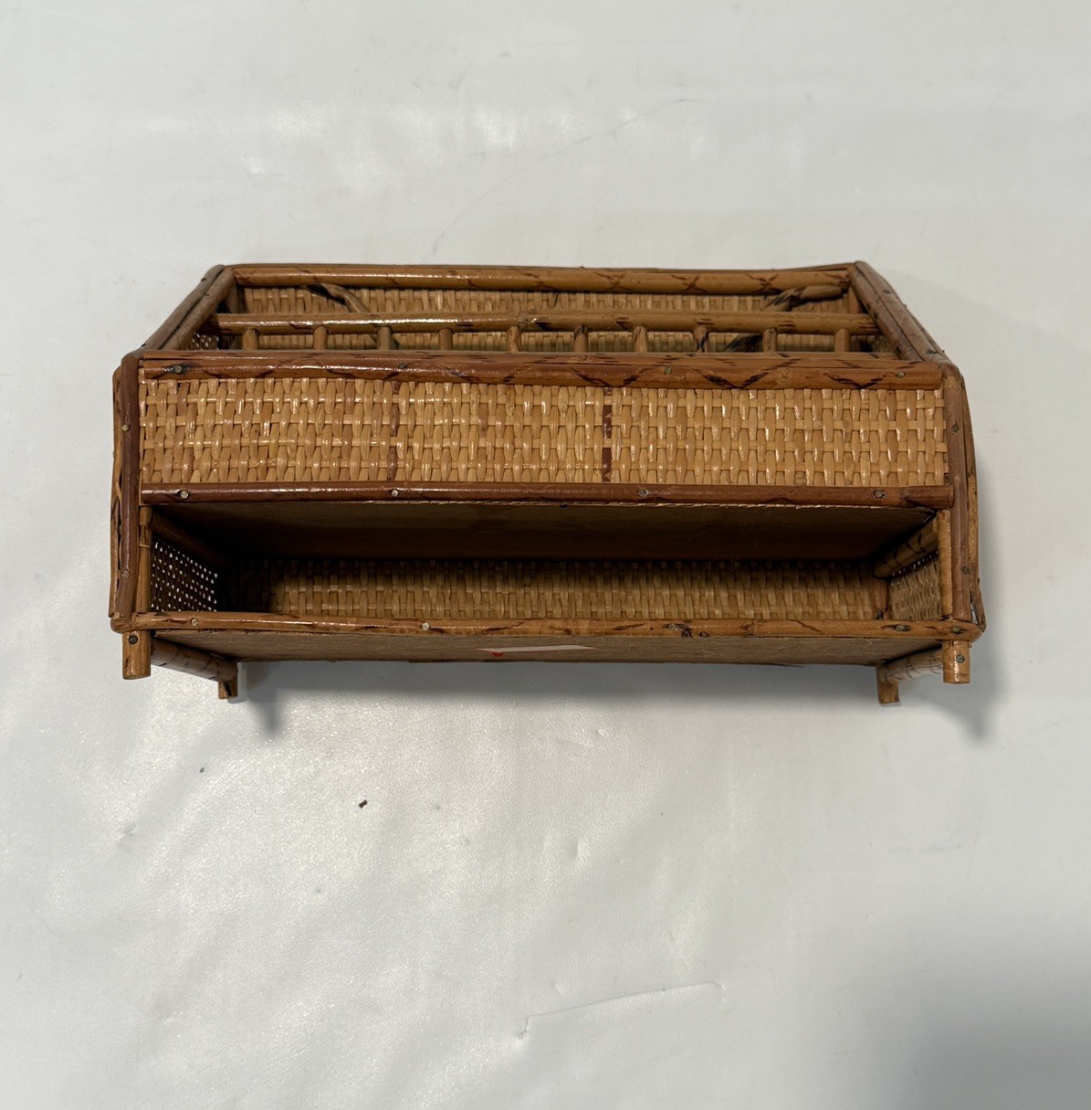 VTG Rattan Desk Organizer Letter Tray Bamboo Wicker Boho Hollywood Regency