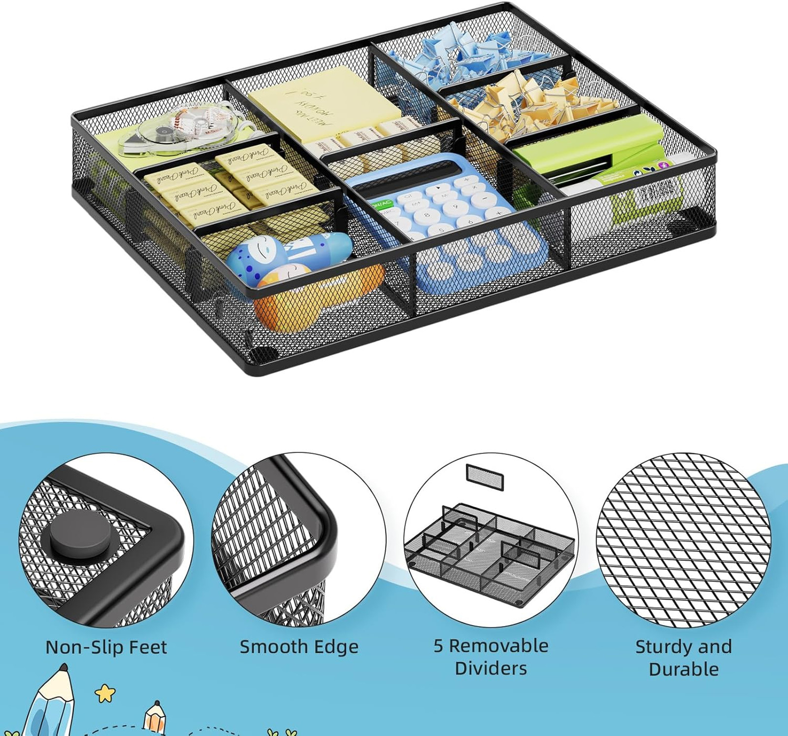 Desk Drawer Organizer Metal Mesh, Adjustable Compartments, Home Office Storage