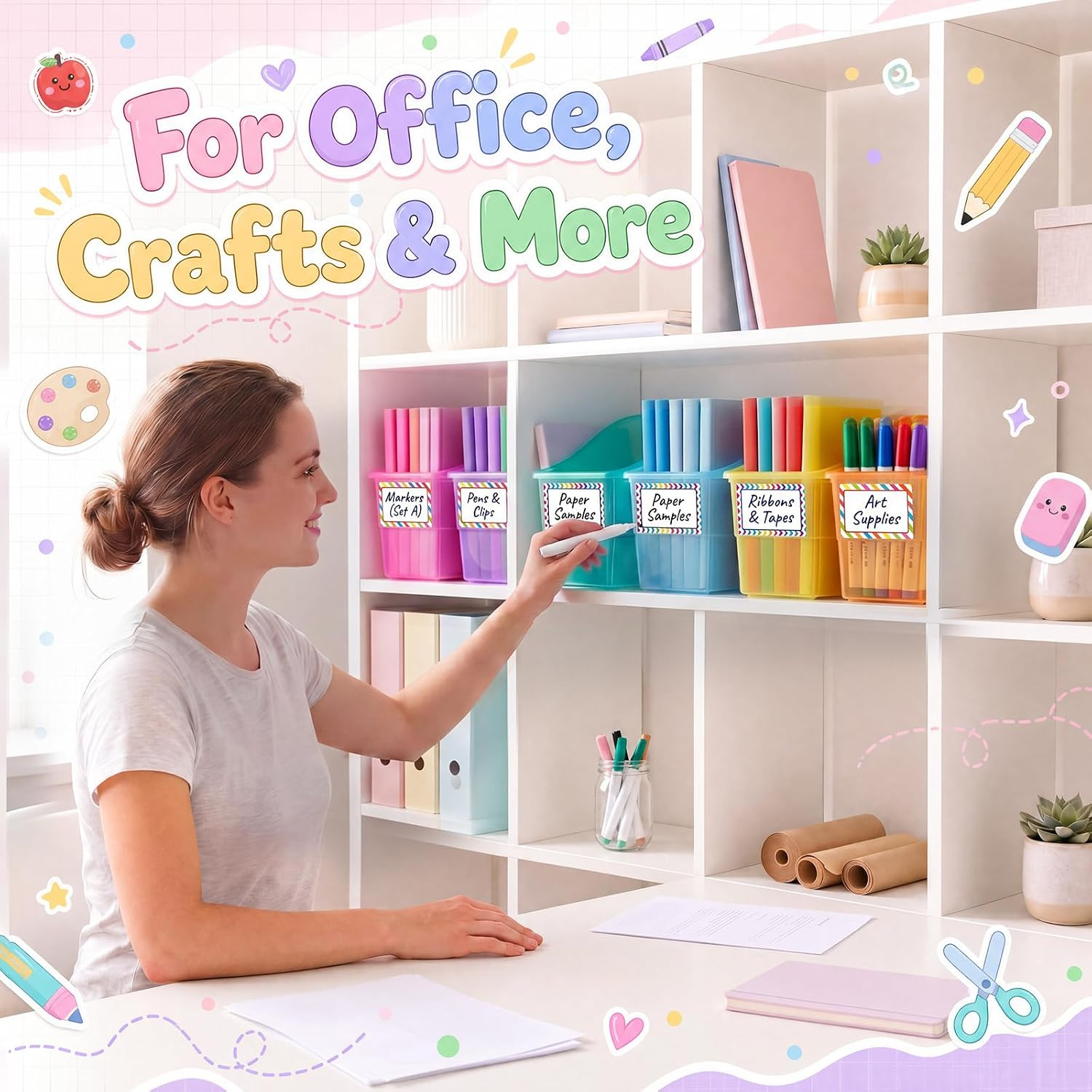6 Set Book Bins for Classroom with Label Sticker Book Box Baskets Plastic Stacka