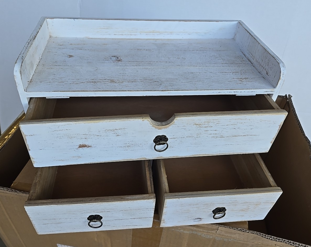 SeekElegant Wooden Desktop Organizer w/ Drawers, White Washed NEW (49B)