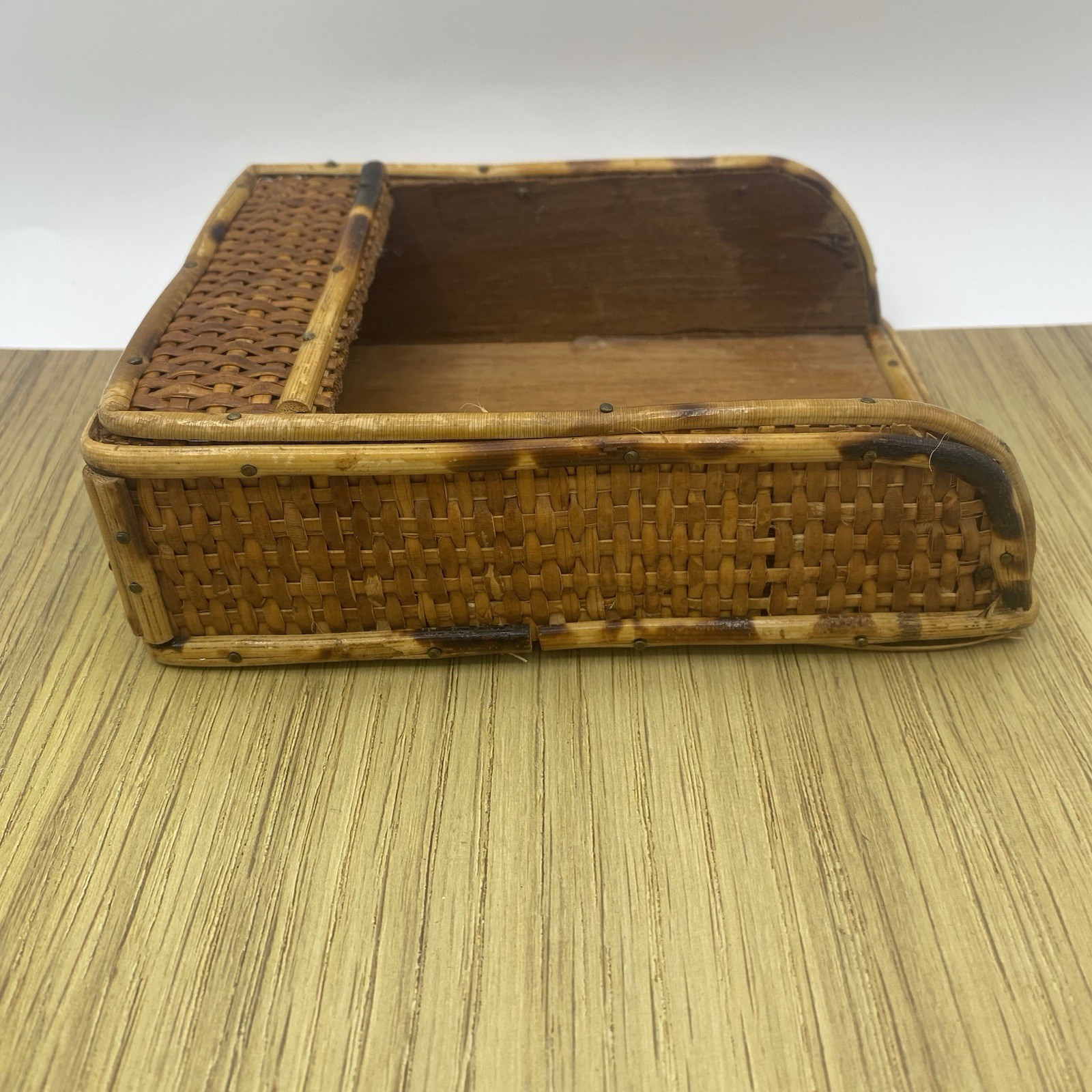 Bamboo Desk Organizer Notepad Tray Vintage Rattan MCM Boho 7 Inch Decor Gift