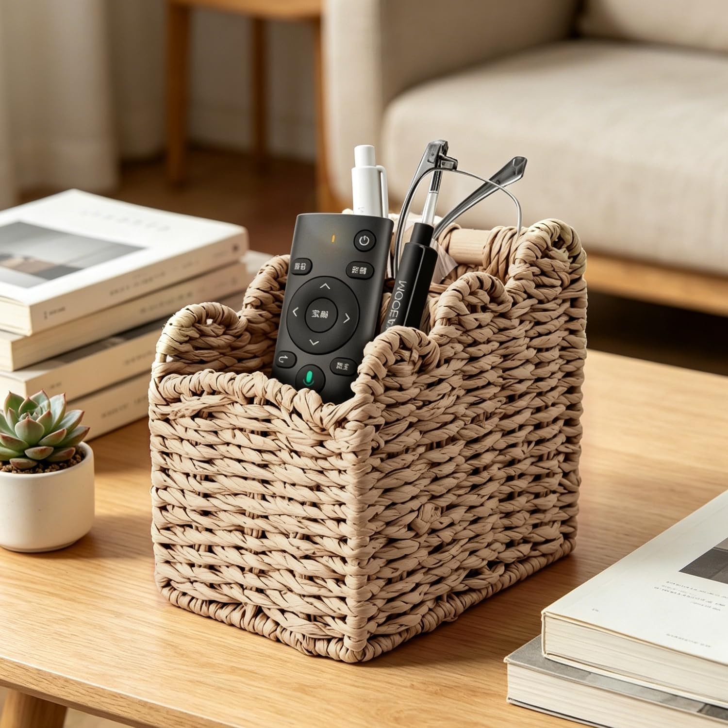 Remote Control Holder 2-Slot Paper Rope Woven Desk Organizer Caddy W/ Scalloped