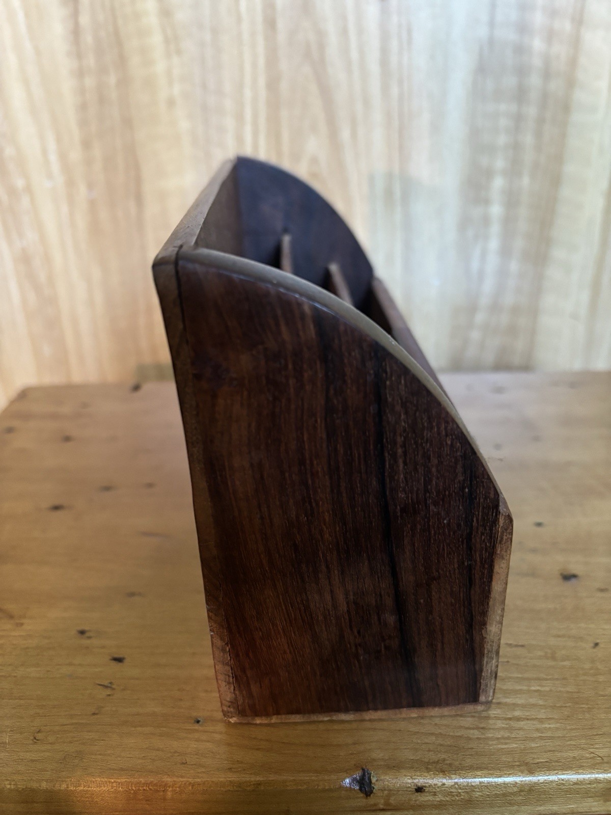 Vintage Handcrafted Rosewood Letter Holder Inlaid Brass Ivy Leaf Desk Organizer