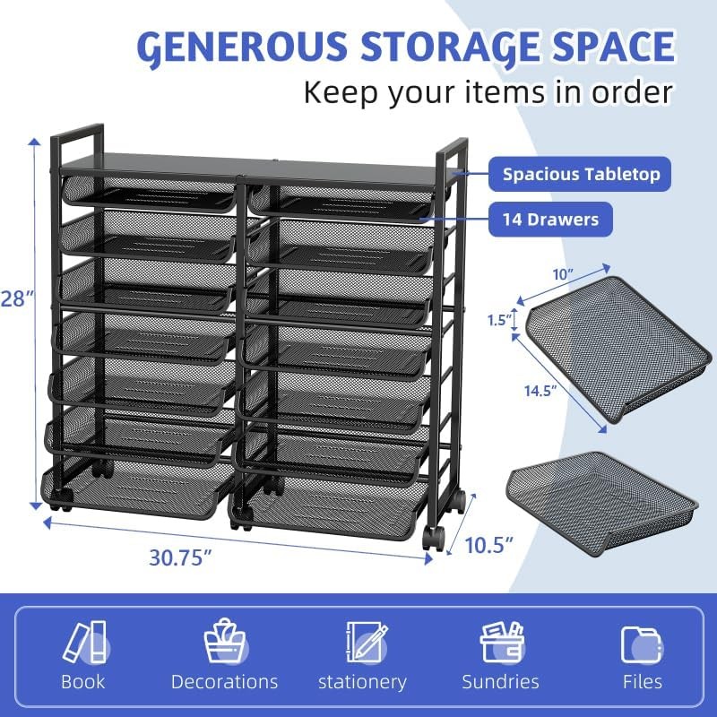 15-Tier Rolling File Cart, Desk File Organizer with 14 Mesh Sliding Trays,