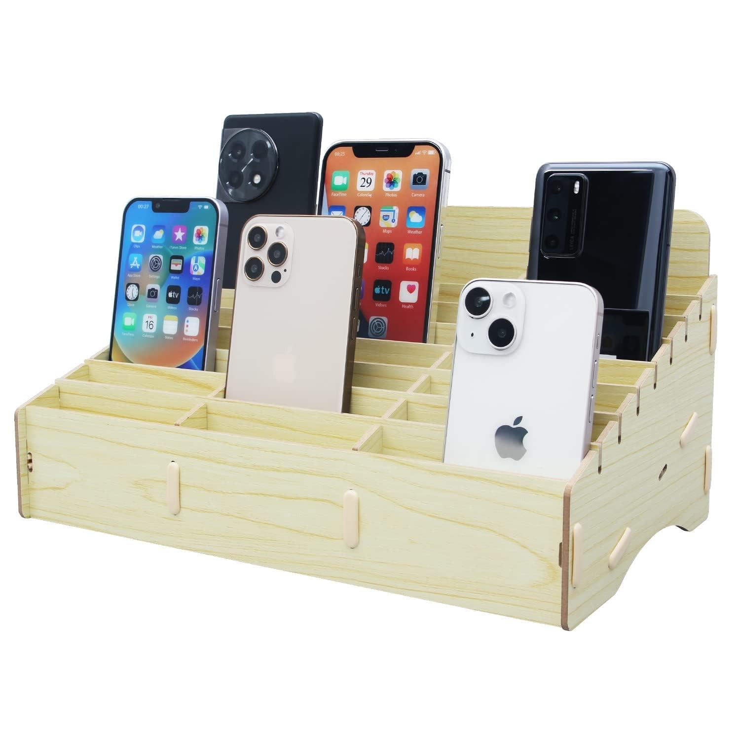 HengTianMei 24 Grids Cell Phone Holder Classroom 24 Standard, Natural Wood