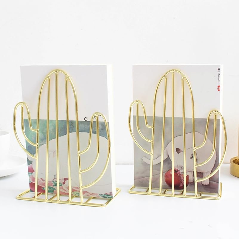DIYEAH Metal Cactus Bookends 2 Pack 7.08X5.31X3.54 Inch 18*13.5*9cm, Golden