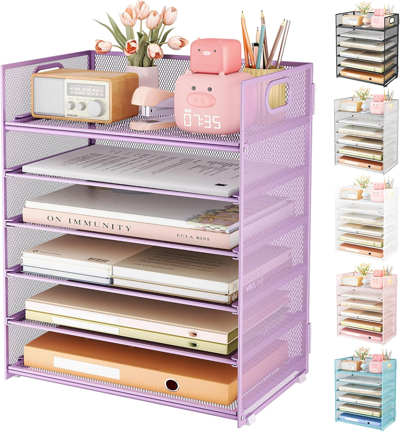 6 Tier Paper File Tray Organizer for Desk, Purple Mesh Desk Letter Paper File Fo
