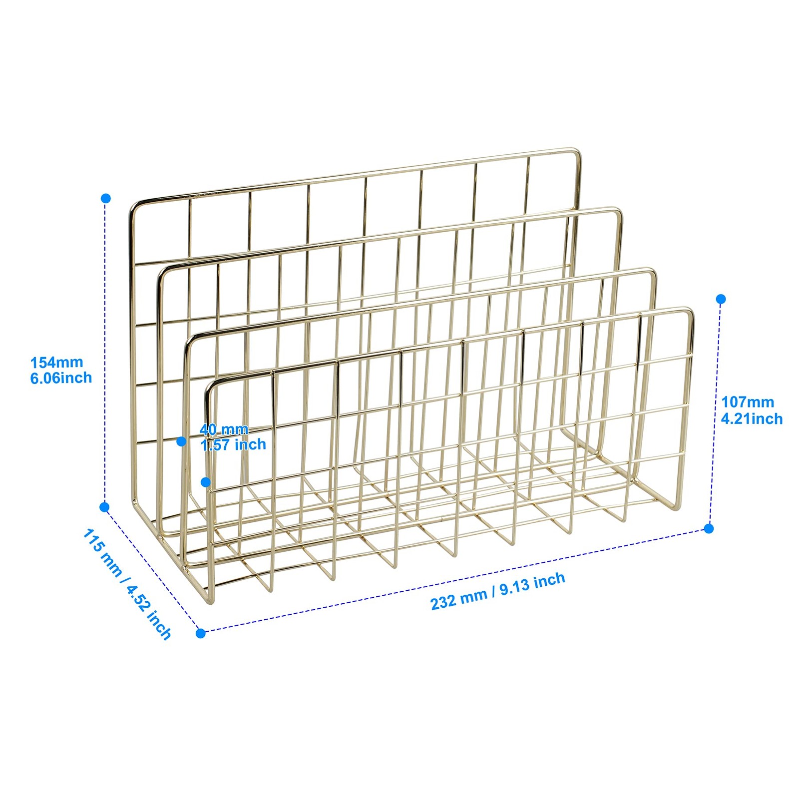 Desktop Mail Organizer Gold Metal Wire File Sorter Letter Magazine Rack 3 Slot